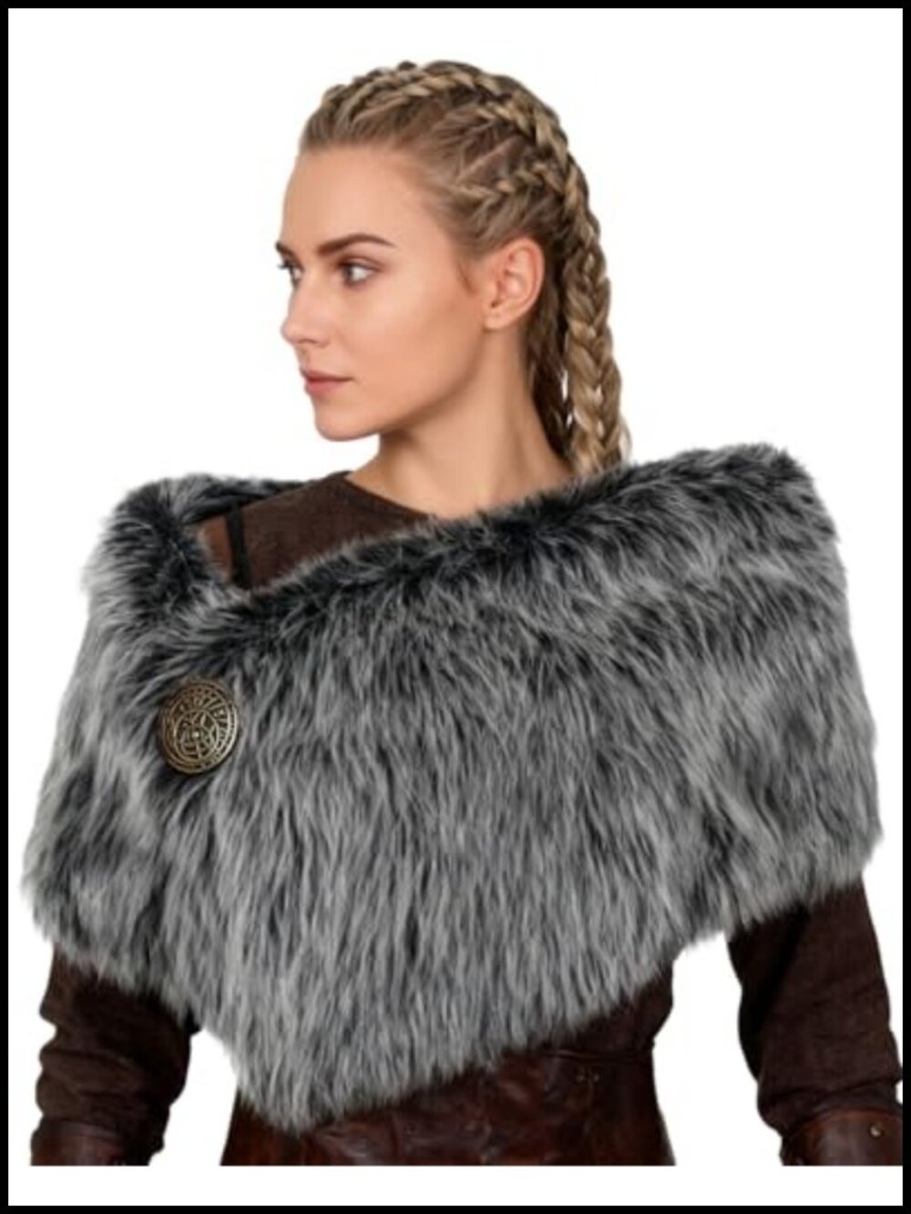 Faux Fur Shawl Wrap Stole with Medieval Brooch